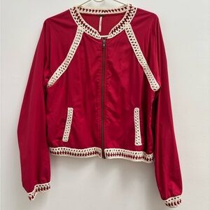 EUC Free People red bomber jacket with crochet trim size M
